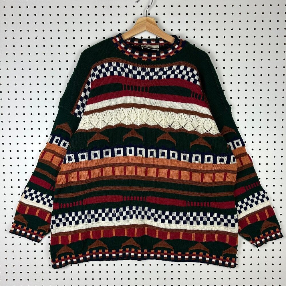 Diana Marco COOGI STYLE Sweater Women's XL‎ Colorful 90s Hip Hop Brown Green Y2K